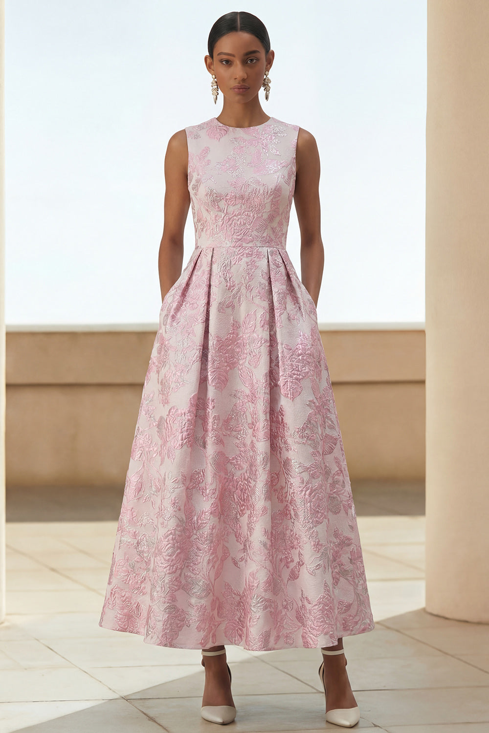 A-Line Floral Brocade Wedding Guest Dress with Pockets – Ivory Pink