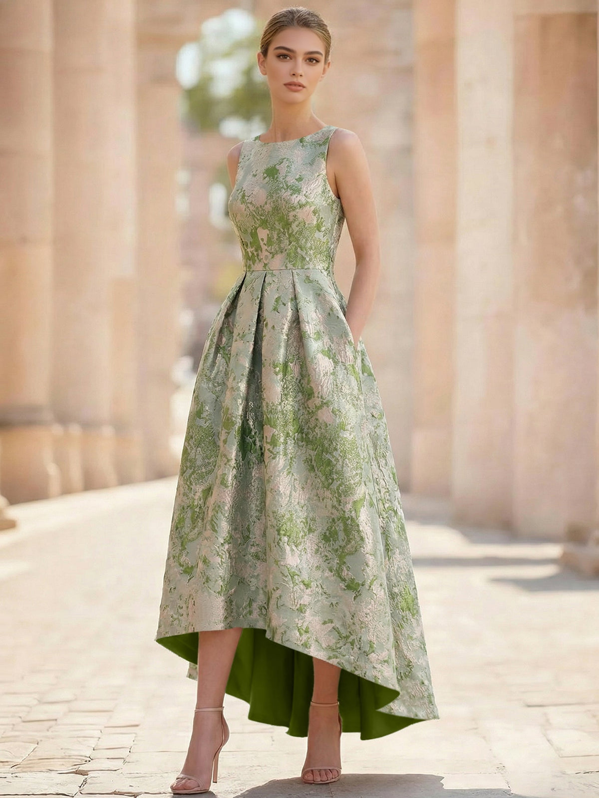 A-Line Floral Jacquard Sleeveless Cocktail Dress