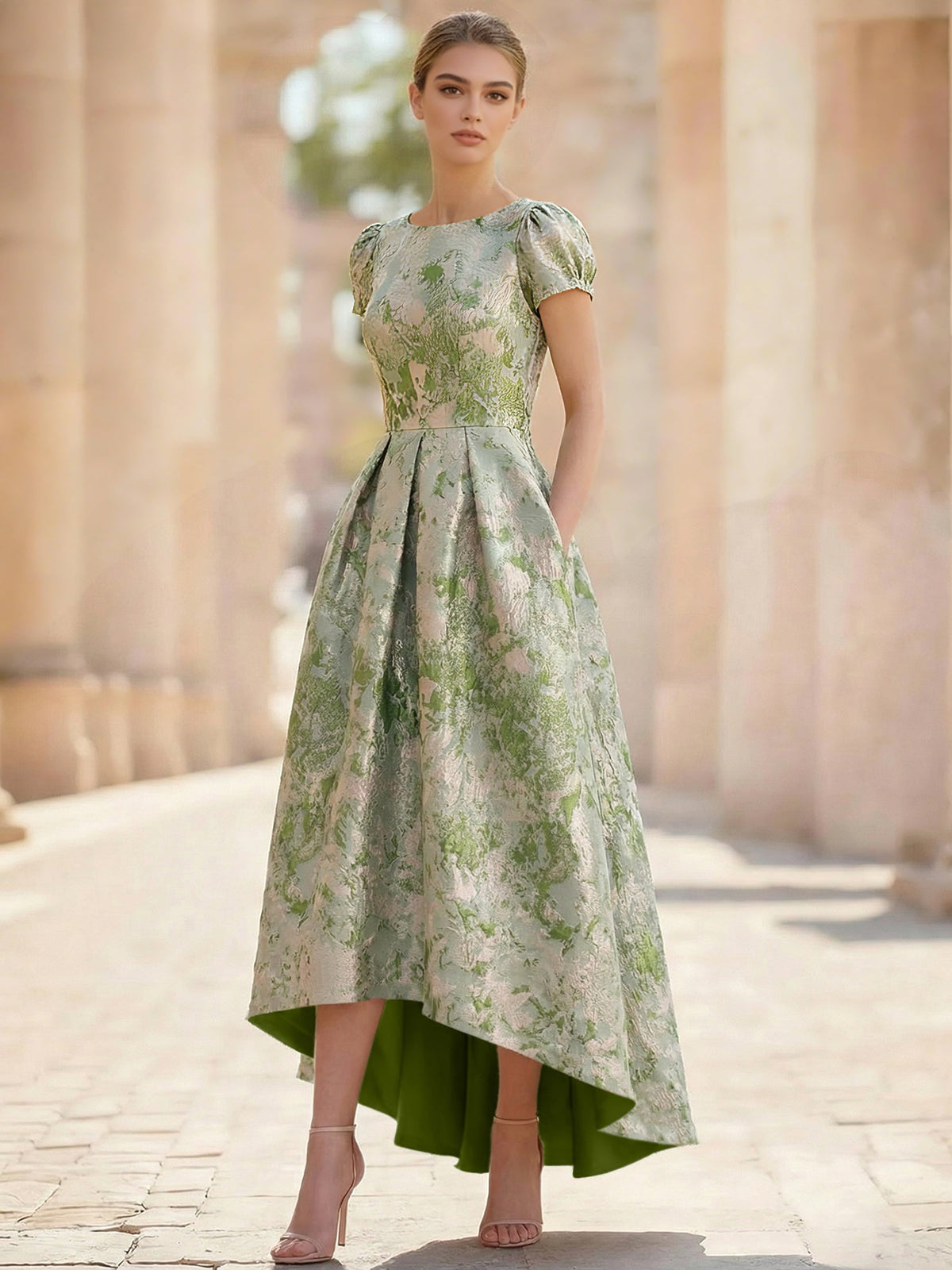 A-Line Floral Jacquard Short-Sleeve Cocktail Dress