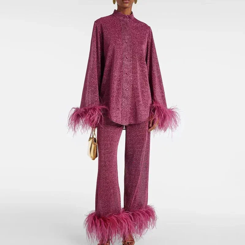 Relaxed Sequin Set with Feather Trim