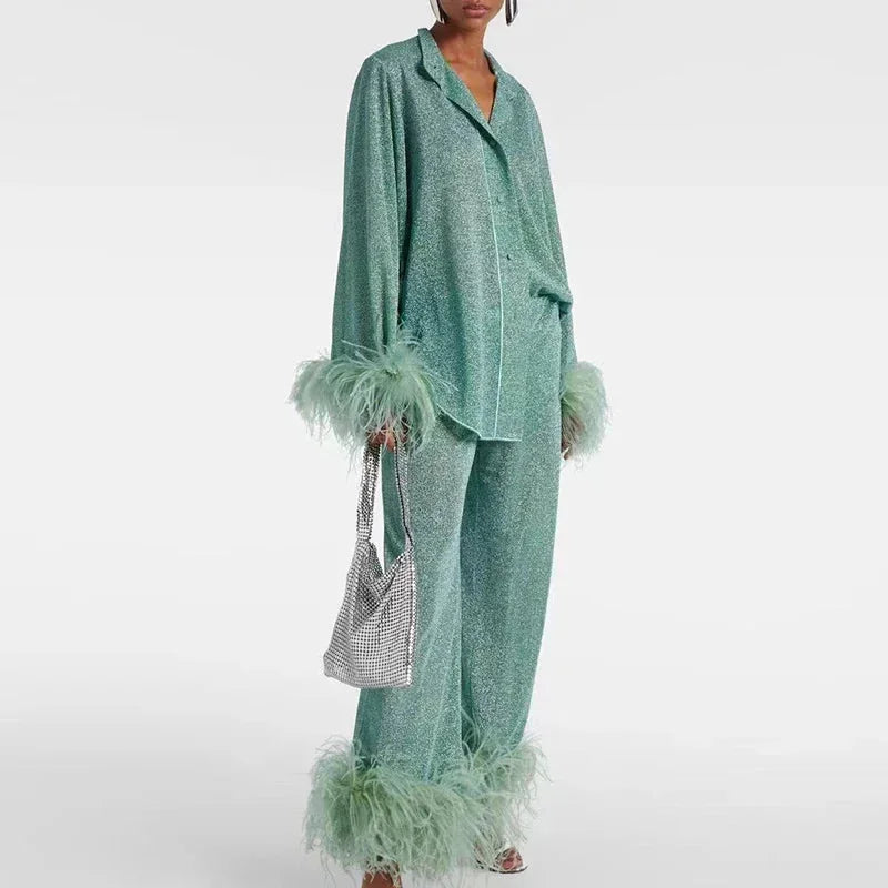 Relaxed Sequin Set with Feather Trim