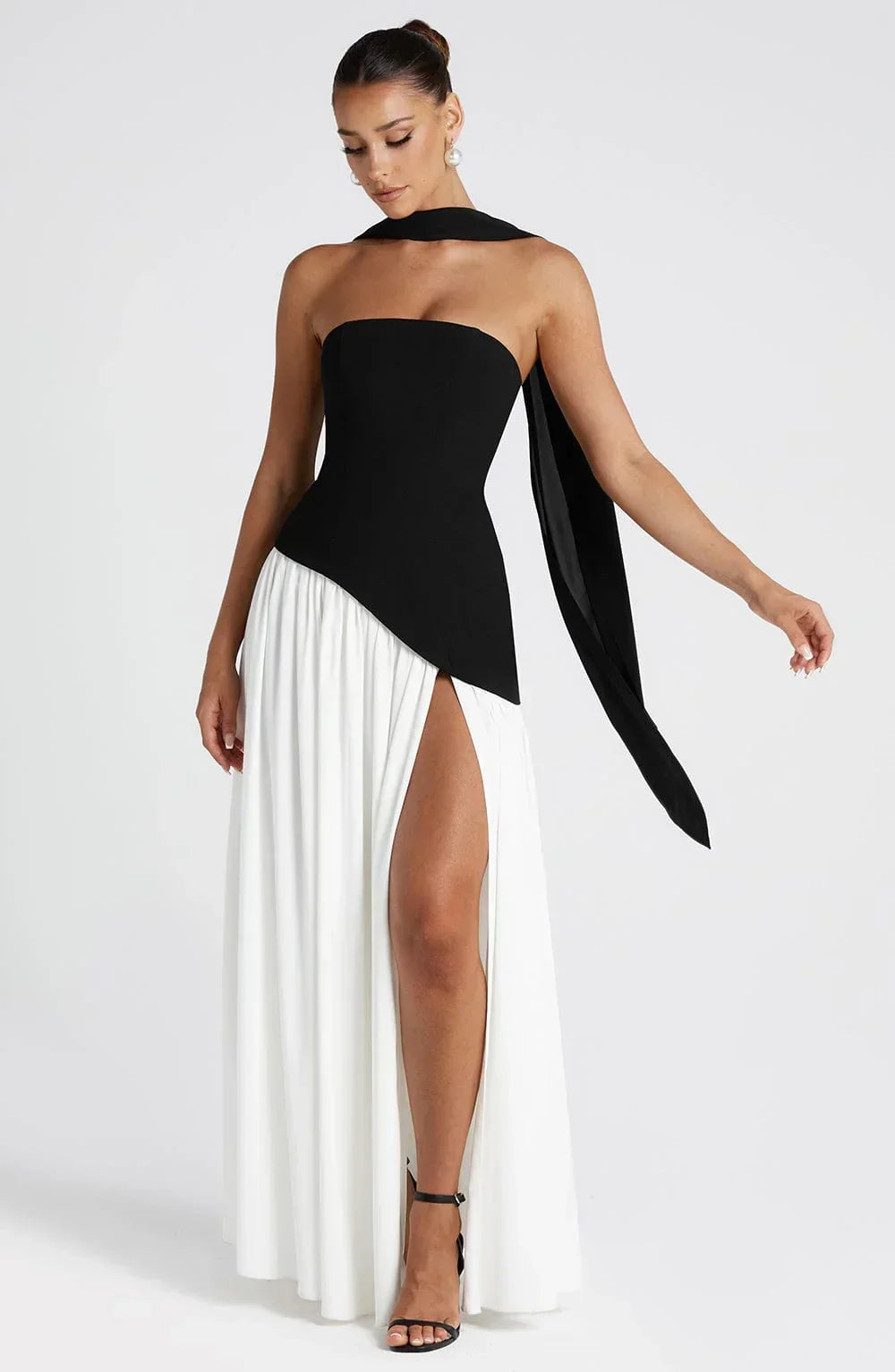 Fitted Corset Maxi Dress with Scarf Detail and Slit