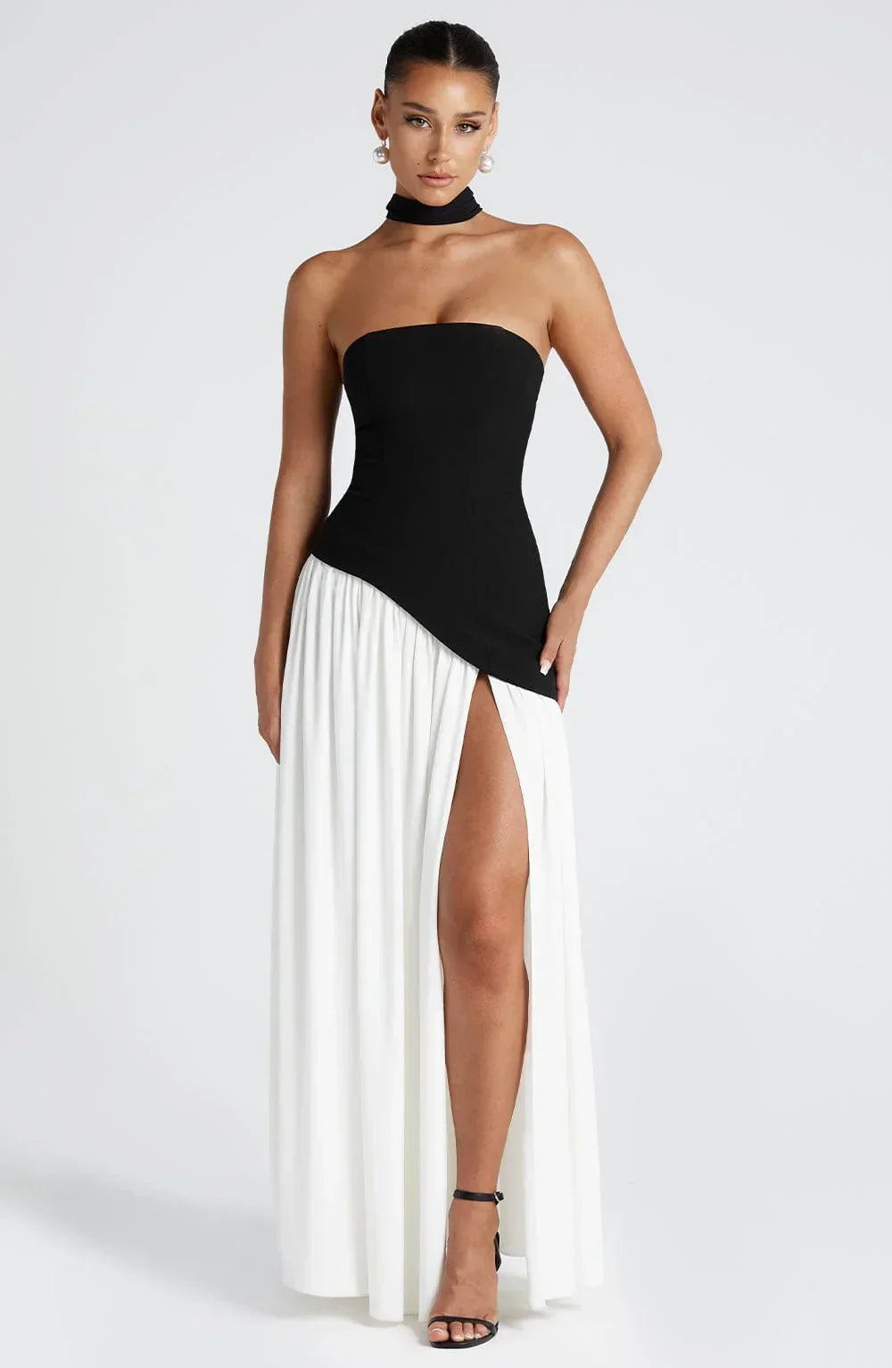Fitted Corset Maxi Dress with Scarf Detail and Slit