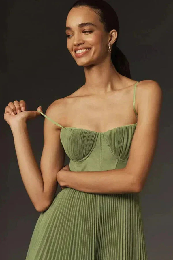 Pleated Dress with Adjustable Thin Straps – Green