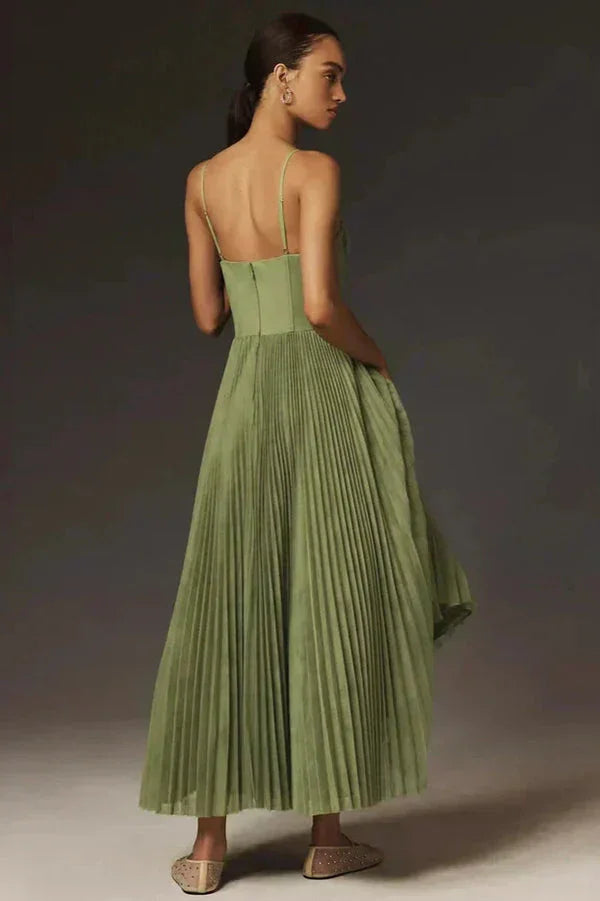 Pleated Dress with Adjustable Thin Straps – Green