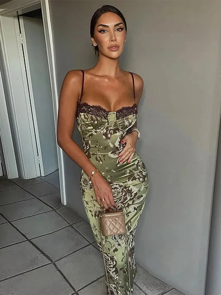 Floral Satin Corset Midi Dress