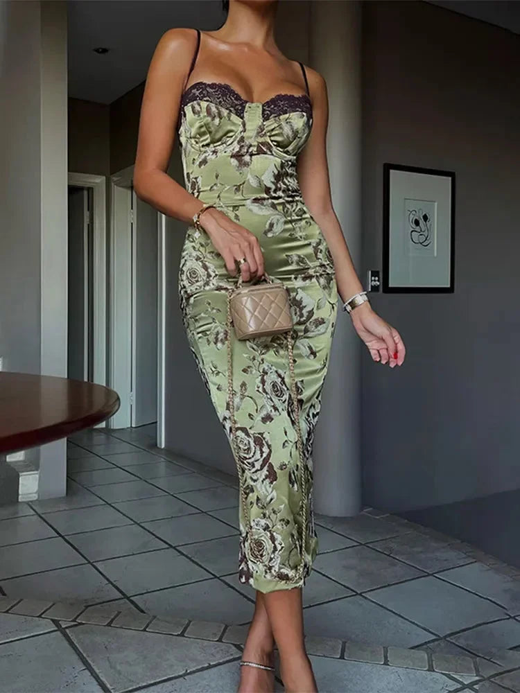 Floral Satin Corset Midi Dress