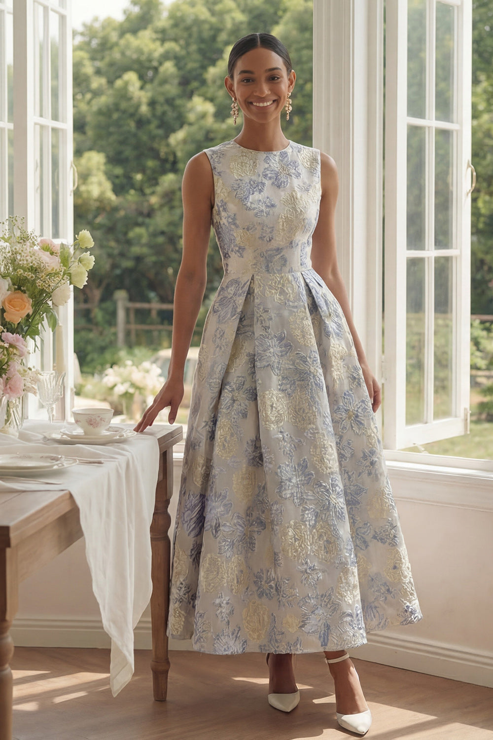A-Line Dusty Blue Floral Wedding Guest Dress with Pockets – Dusty Blue