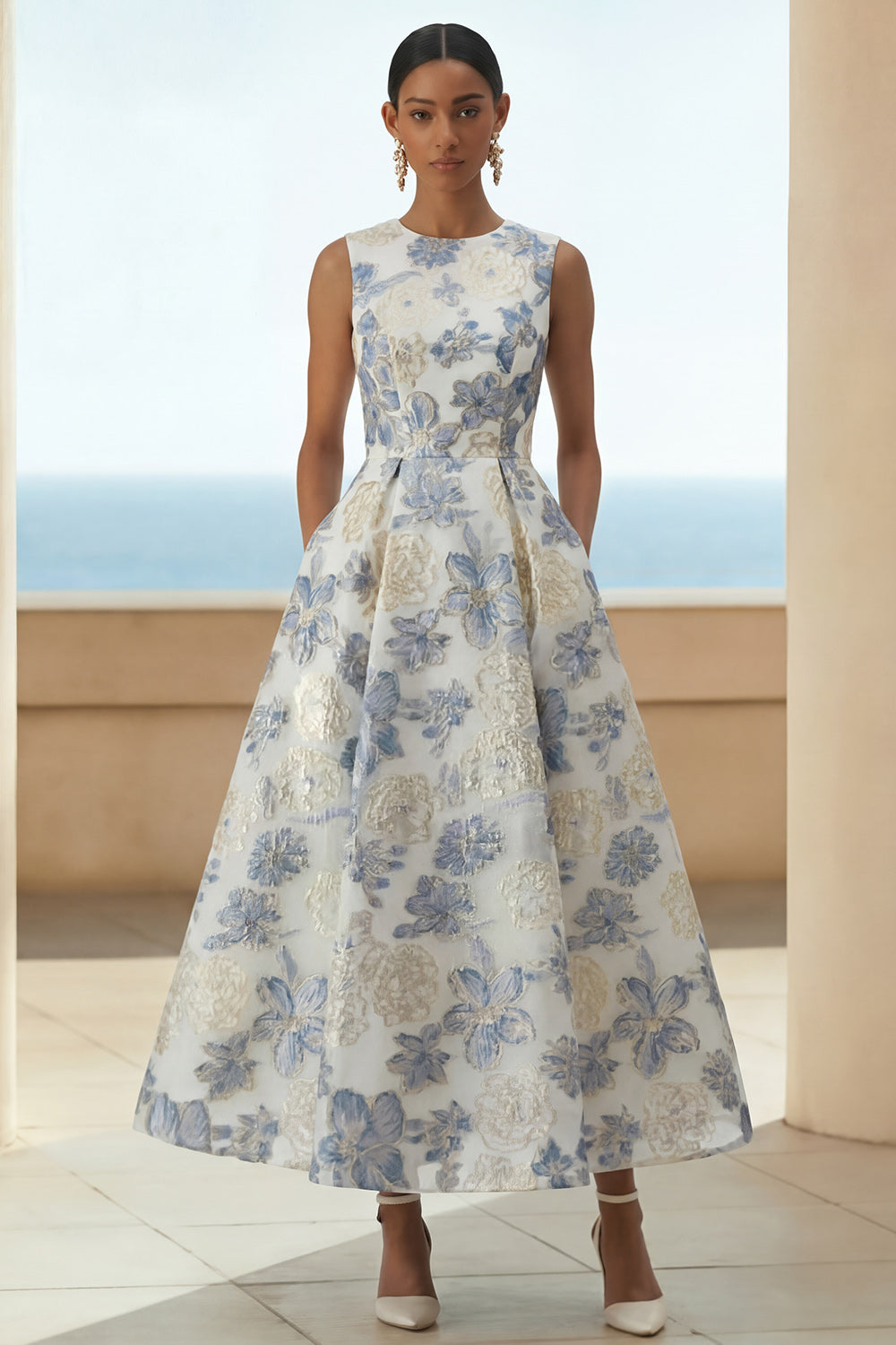 A-Line Dusty Blue Floral Wedding Guest Dress with Pockets – Dusty Blue