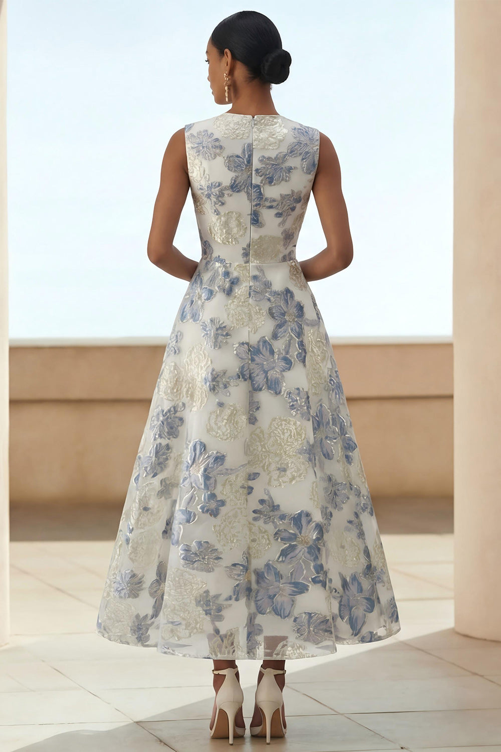 A-Line Dusty Blue Floral Wedding Guest Dress with Pockets – Dusty Blue