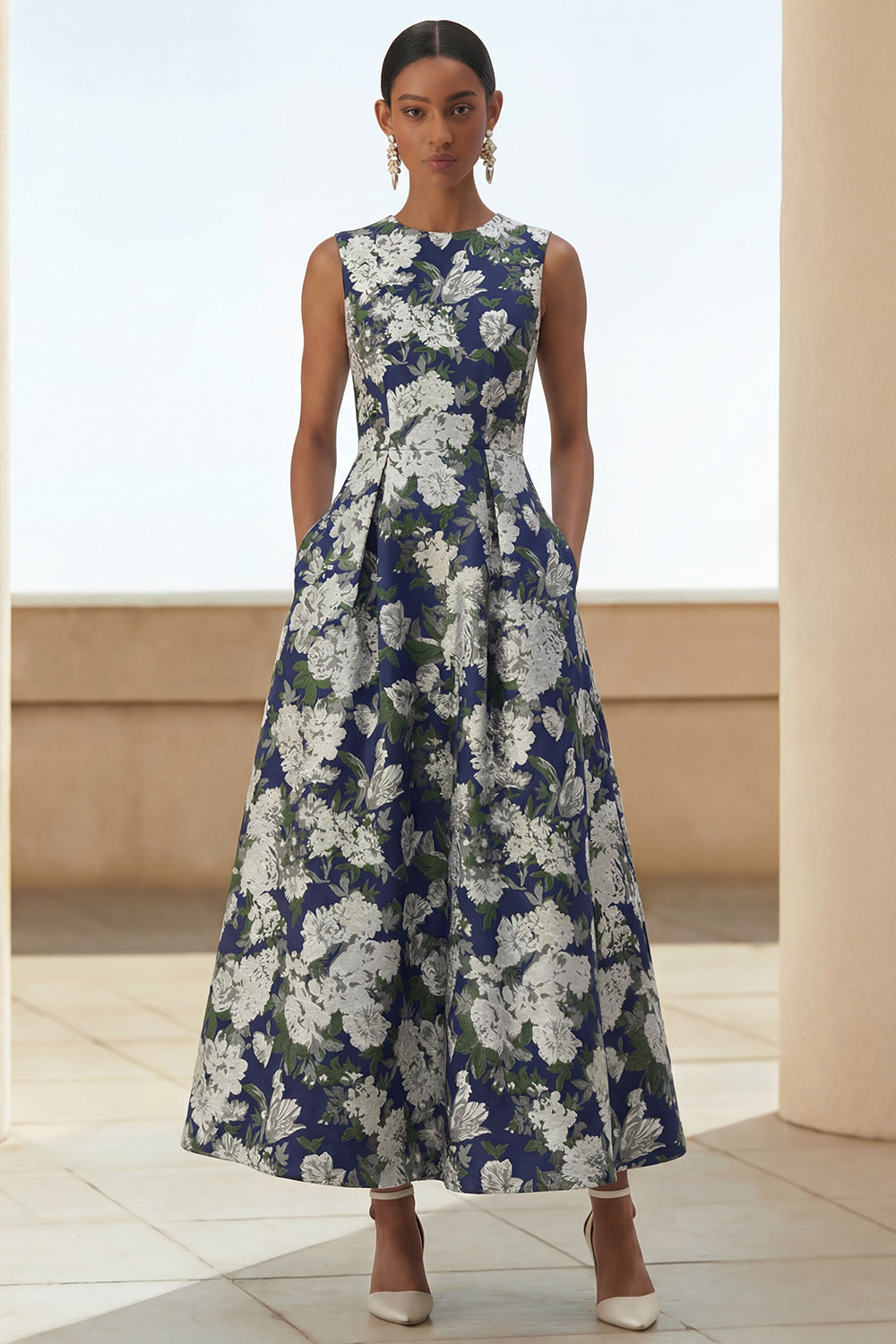 A-Line Navy Floral Round-Neck Wedding Guest Dress – Navy Flower