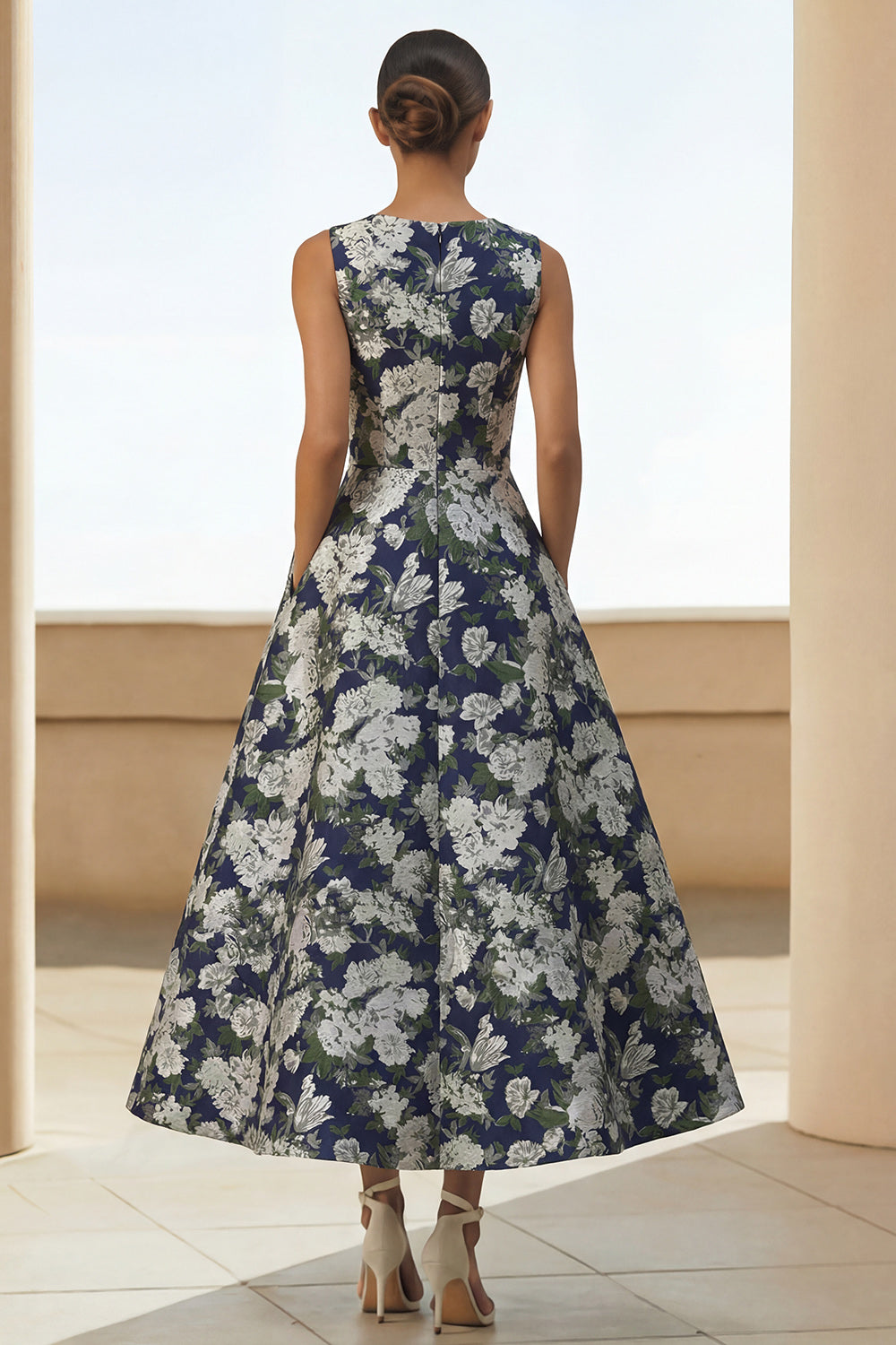 A-Line Navy Floral Round-Neck Wedding Guest Dress – Navy Flower