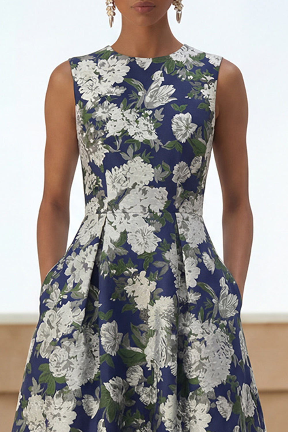 A-Line Navy Floral Round-Neck Wedding Guest Dress – Navy Flower