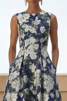 A-Line Navy Floral Round-Neck Wedding Guest Dress – Navy Flower