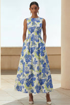 A-Line Blue Floral Round-Neck Wedding Guest Dress – Blue Daffodil Flower