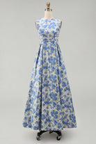 A-Line Blue Floral Round-Neck Wedding Guest Dress – Blue Daffodil Flower