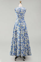 A-Line Blue Floral Round-Neck Wedding Guest Dress – Blue Daffodil Flower
