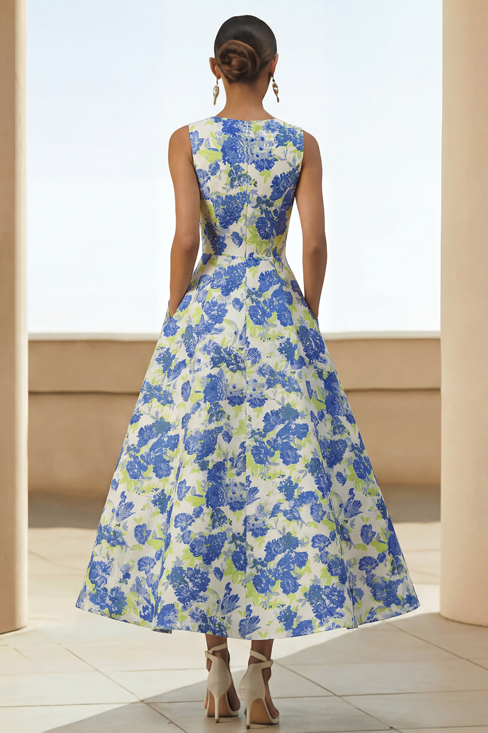 A-Line Blue Floral Round-Neck Wedding Guest Dress – Blue Daffodil Flower