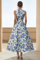 A-Line Blue Floral Round-Neck Wedding Guest Dress – Blue Daffodil Flower