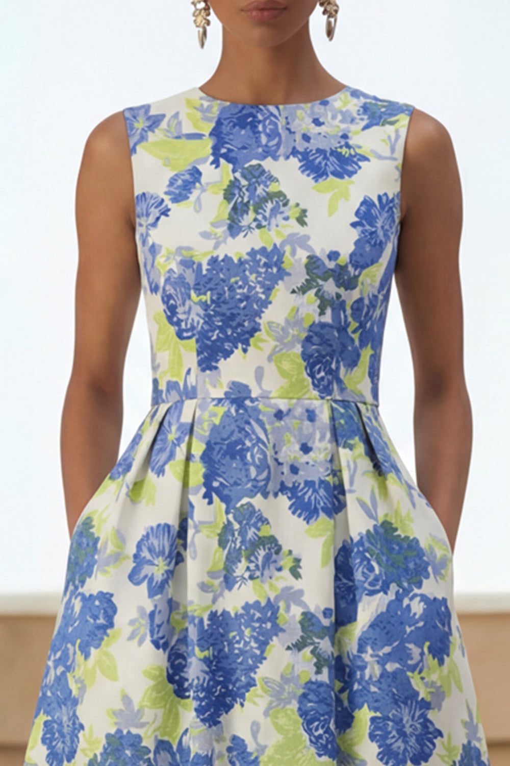 A-Line Blue Floral Round-Neck Wedding Guest Dress – Blue Daffodil Flower