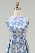 A-Line Blue Floral Round-Neck Wedding Guest Dress – Blue Daffodil Flower