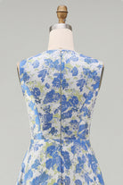 A-Line Blue Floral Round-Neck Wedding Guest Dress – Blue Daffodil Flower