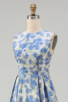 A-Line Blue Floral Round-Neck Wedding Guest Dress – Blue Daffodil Flower