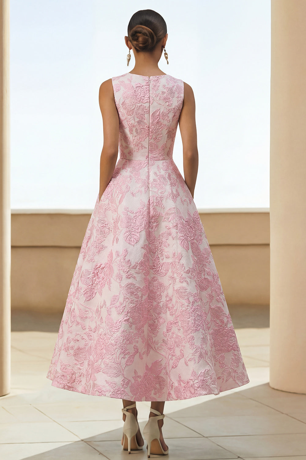 A-Line Floral Brocade Wedding Guest Dress with Pockets – Ivory Pink
