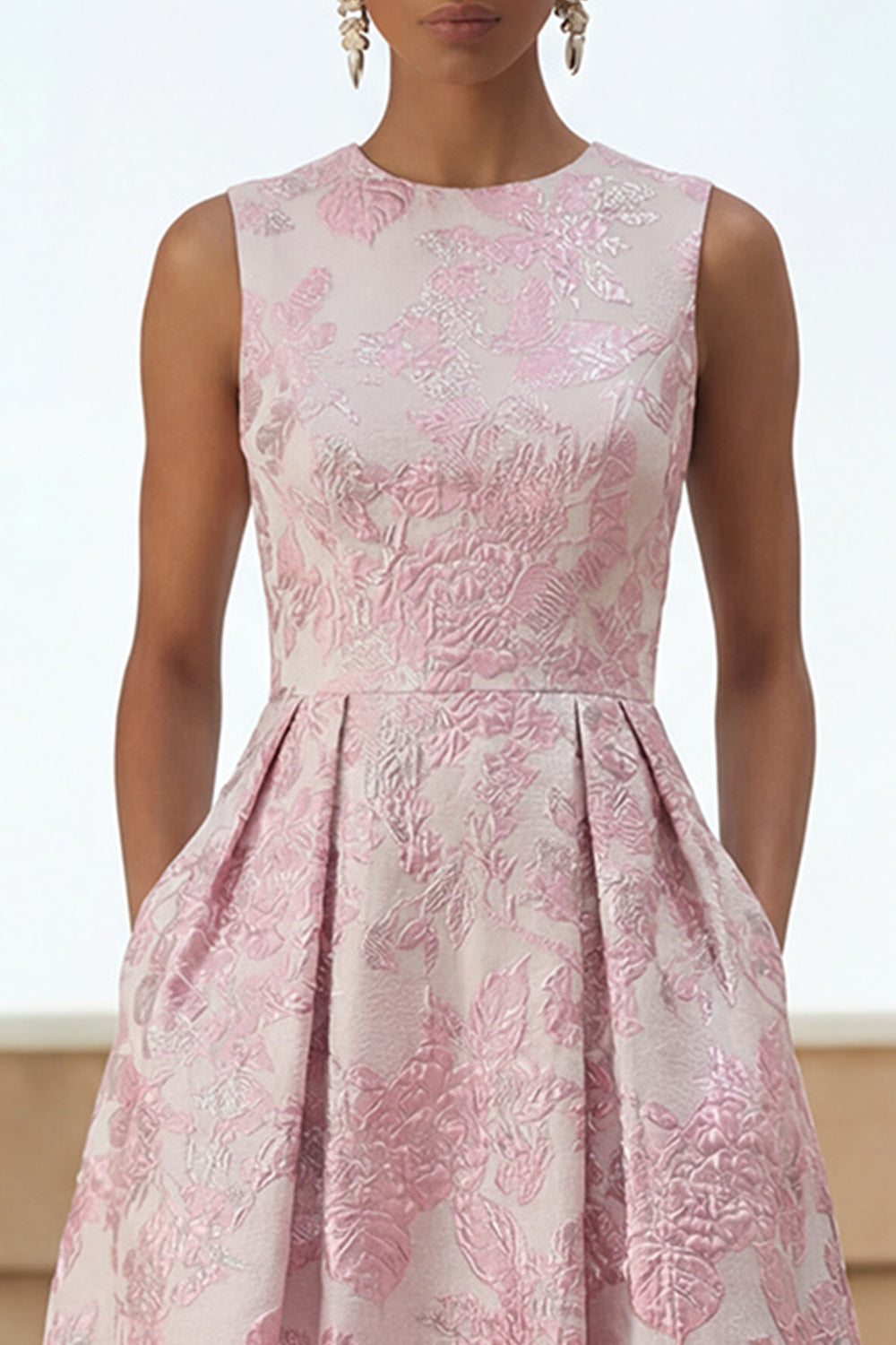 A-Line Floral Brocade Wedding Guest Dress with Pockets – Ivory Pink