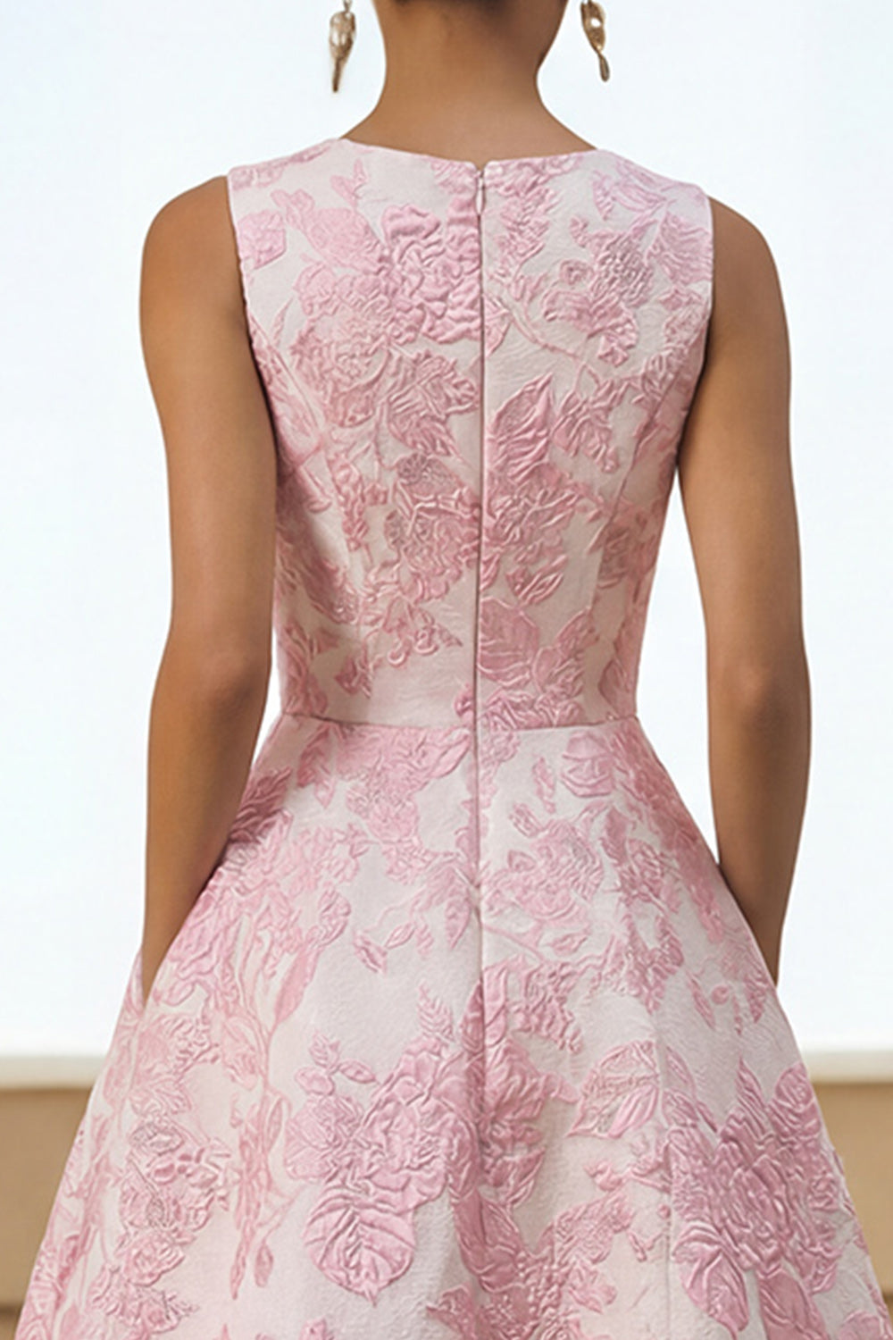 A-Line Floral Brocade Wedding Guest Dress with Pockets – Ivory Pink