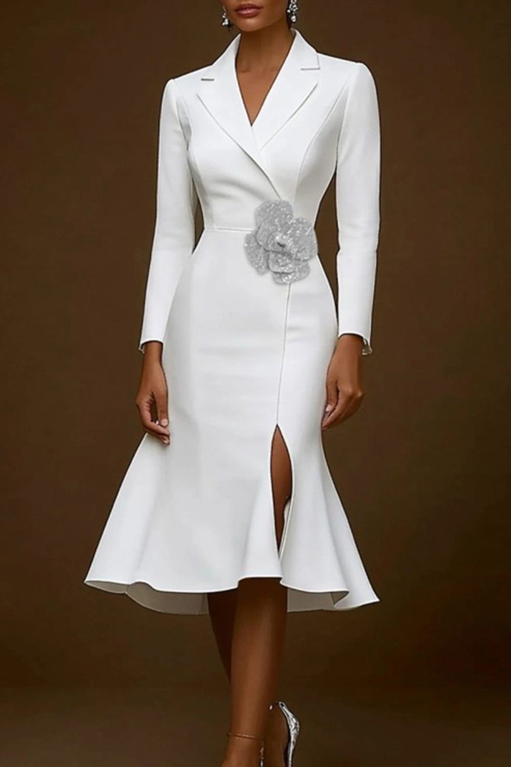 Mermaid Notched-Lapel Midi Work Dress with Slit – White