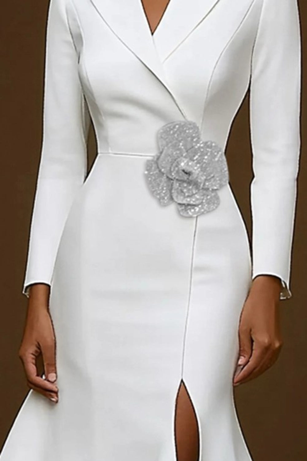 Mermaid Notched-Lapel Midi Work Dress with Slit – White