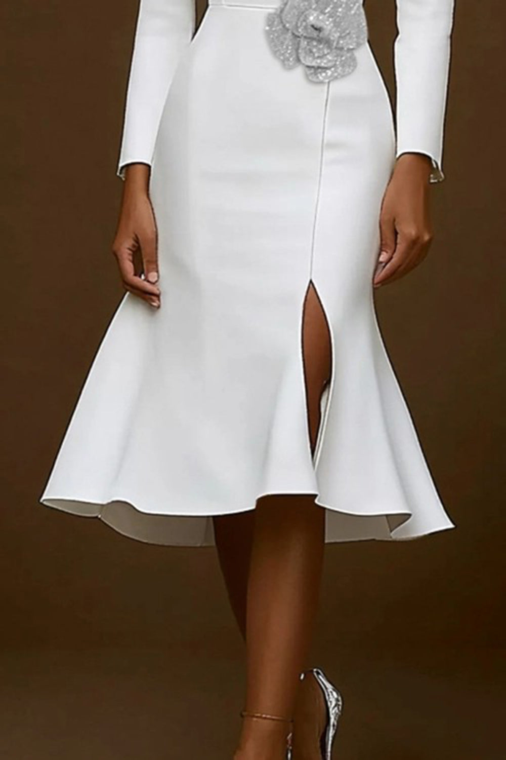 Mermaid Notched-Lapel Midi Work Dress with Slit – White