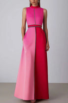 High-Neck Colour-Block Maxi Formal Dress – Pink