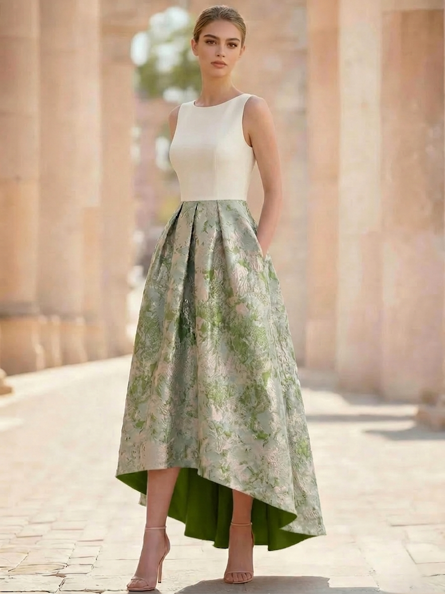 A-Line Floral Jacquard Sleeveless Cocktail Dress