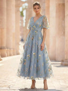 A-Line Floral Tulle Cocktail Dress with Short Sleeves