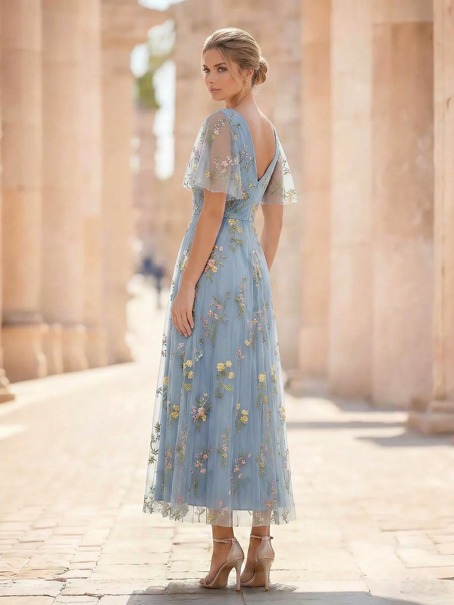 A-Line Floral Tulle Cocktail Dress with Short Sleeves