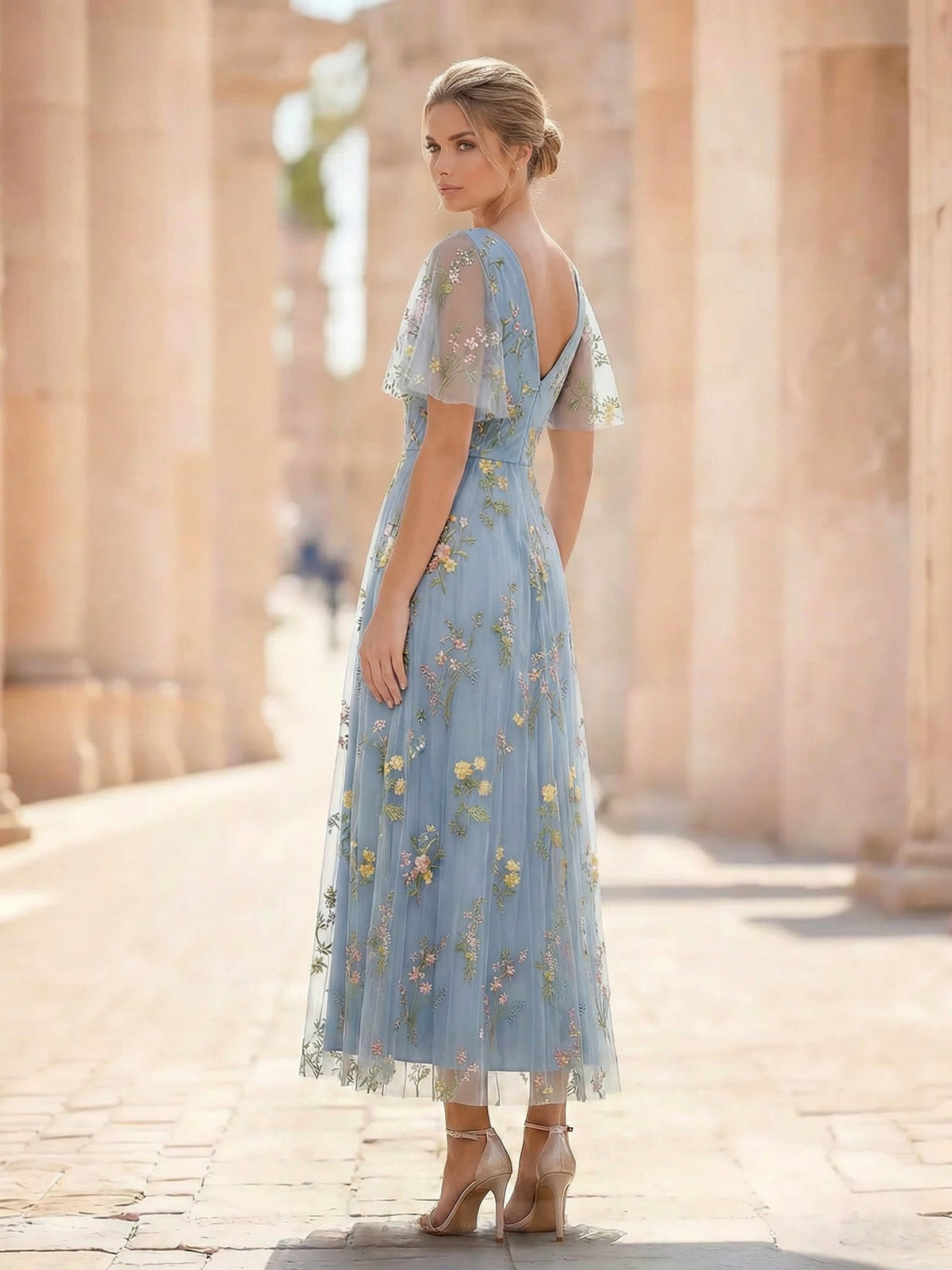 A-Line Floral Tulle Cocktail Dress with Short Sleeves