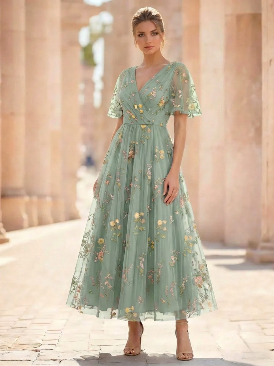 A-Line Floral Tulle Cocktail Dress with Short Sleeves