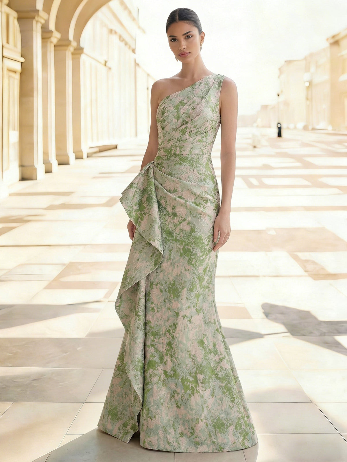 Sheath Floral Jacquard One-Shoulder Evening Dress