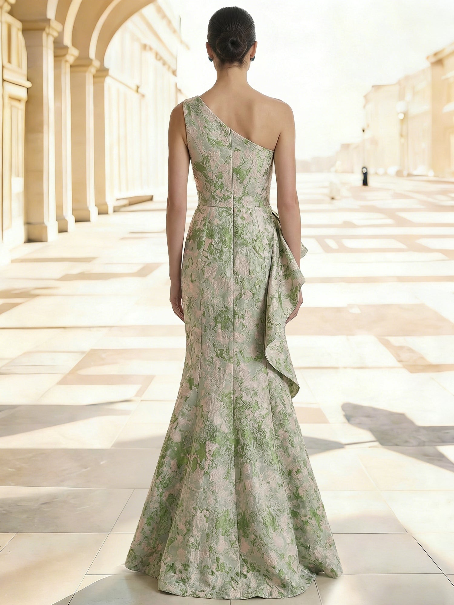 Sheath Floral Jacquard One-Shoulder Evening Dress