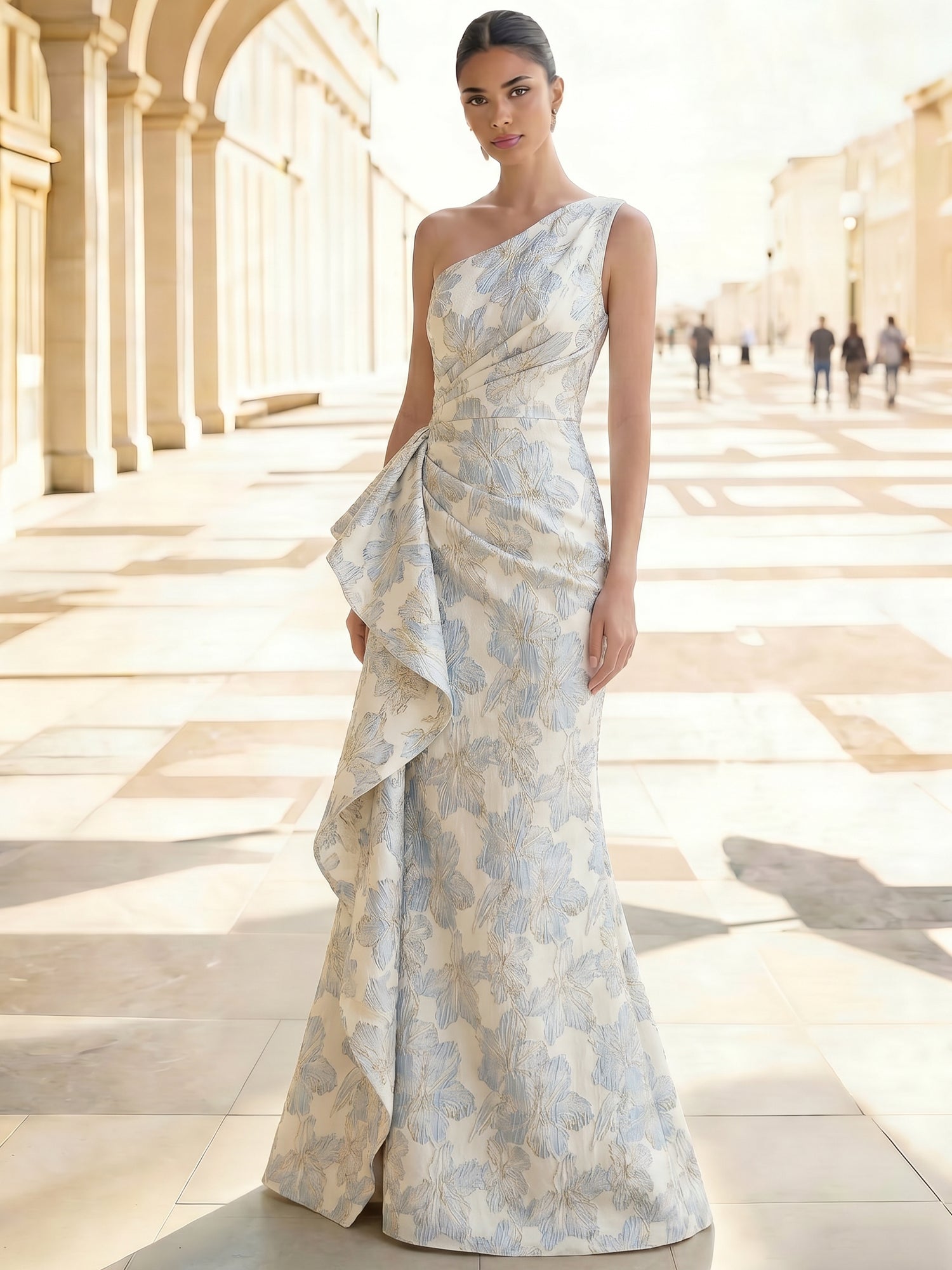 Sheath Floral Jacquard One-Shoulder Evening Dress
