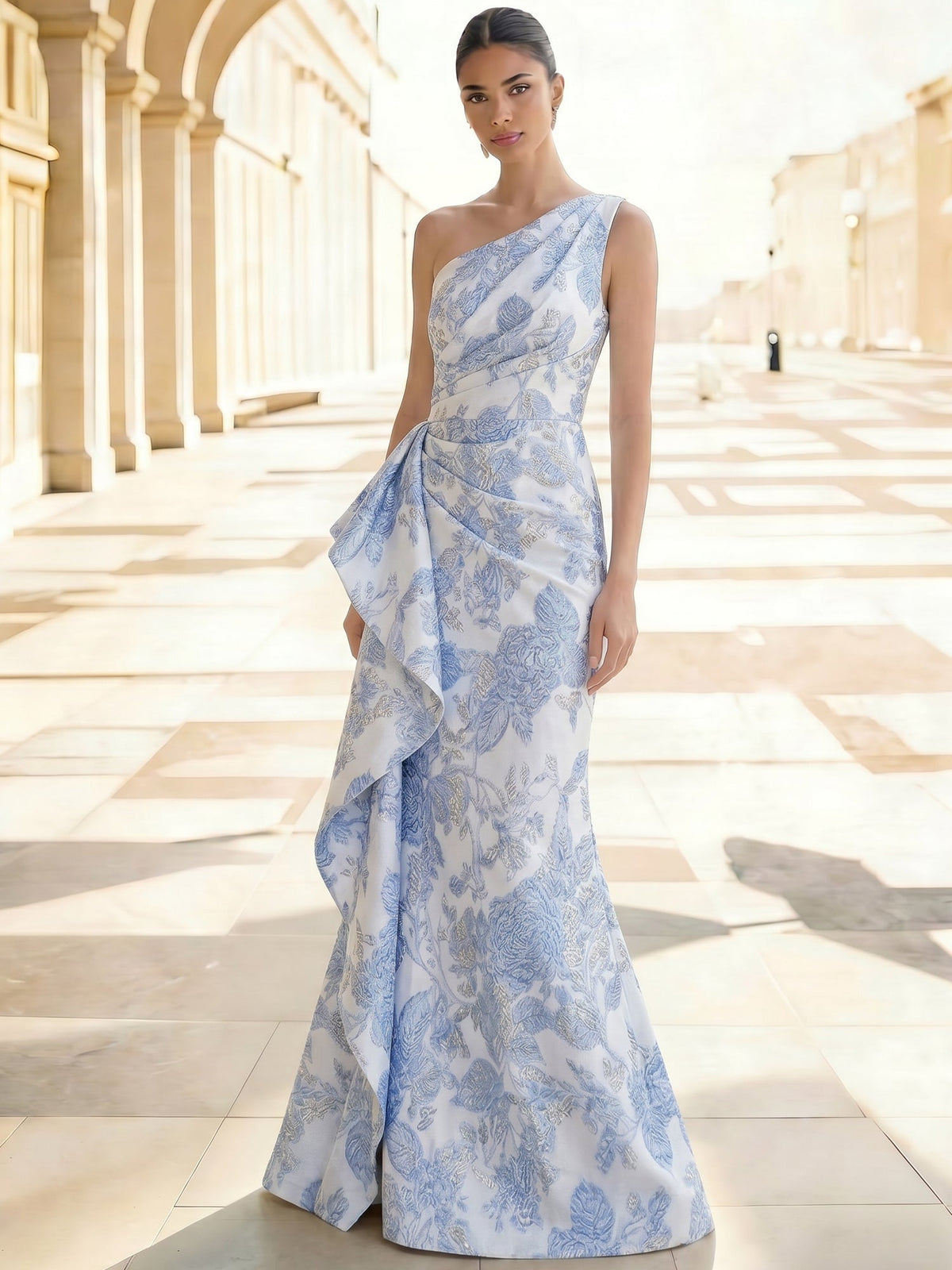 Sheath Floral Jacquard One-Shoulder Evening Dress