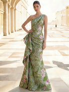 Sheath Floral Jacquard One-Shoulder Evening Dress