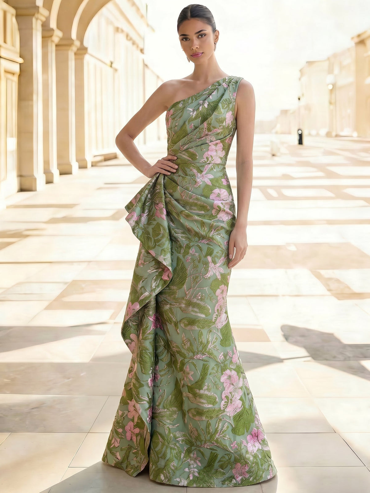 Sheath Floral Jacquard One-Shoulder Evening Dress