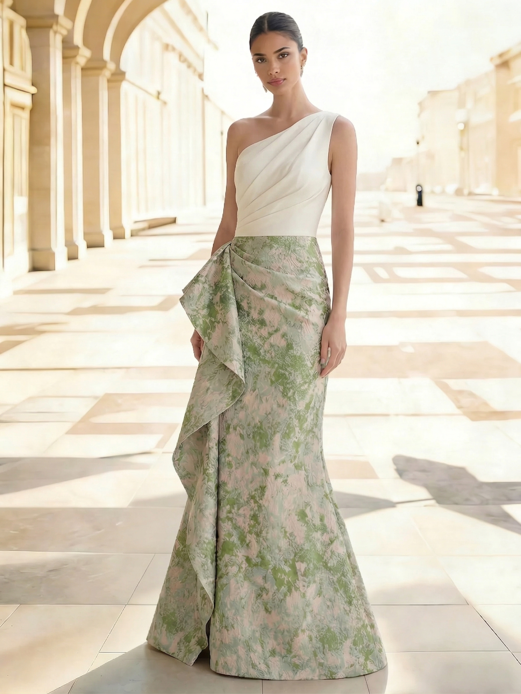 Sheath Floral Jacquard One-Shoulder Evening Dress