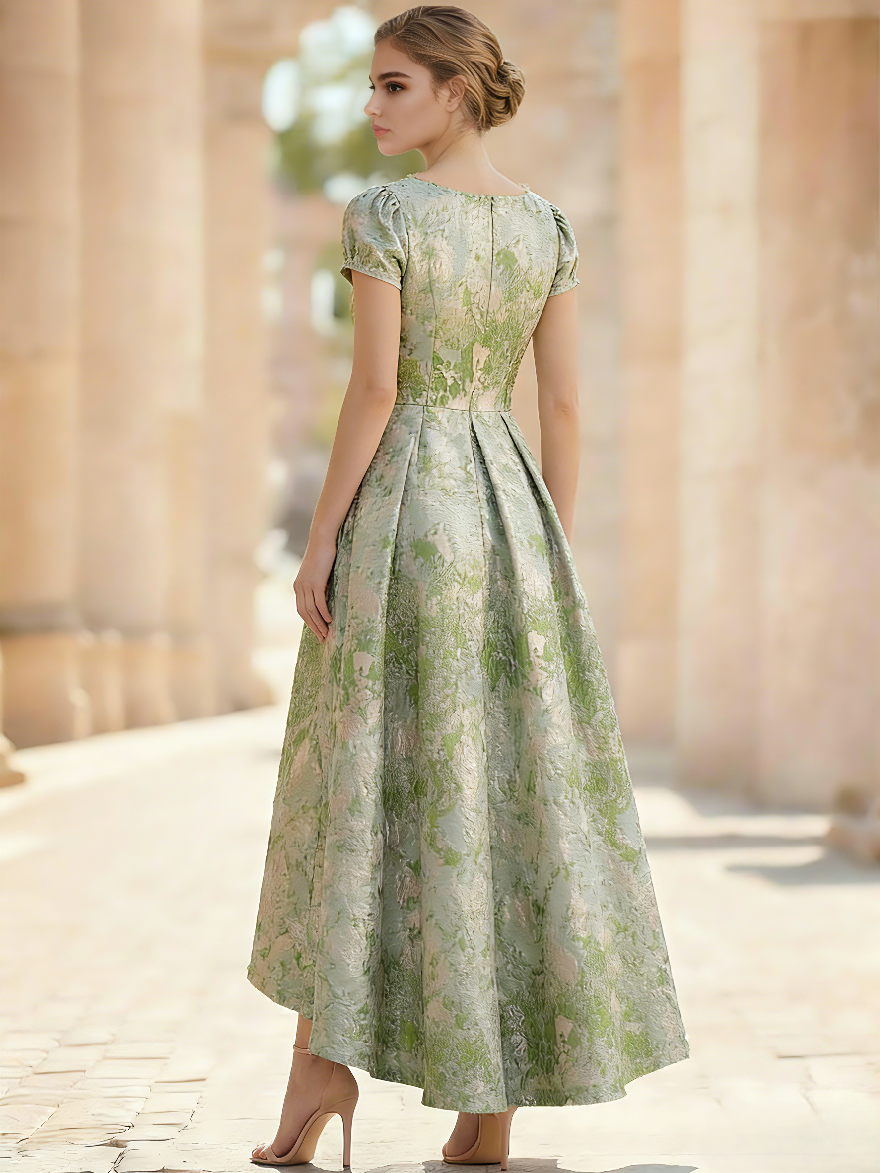 A-Line Floral Jacquard Short-Sleeve Cocktail Dress