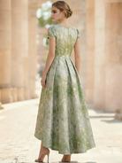 A-Line Floral Jacquard Short-Sleeve Cocktail Dress