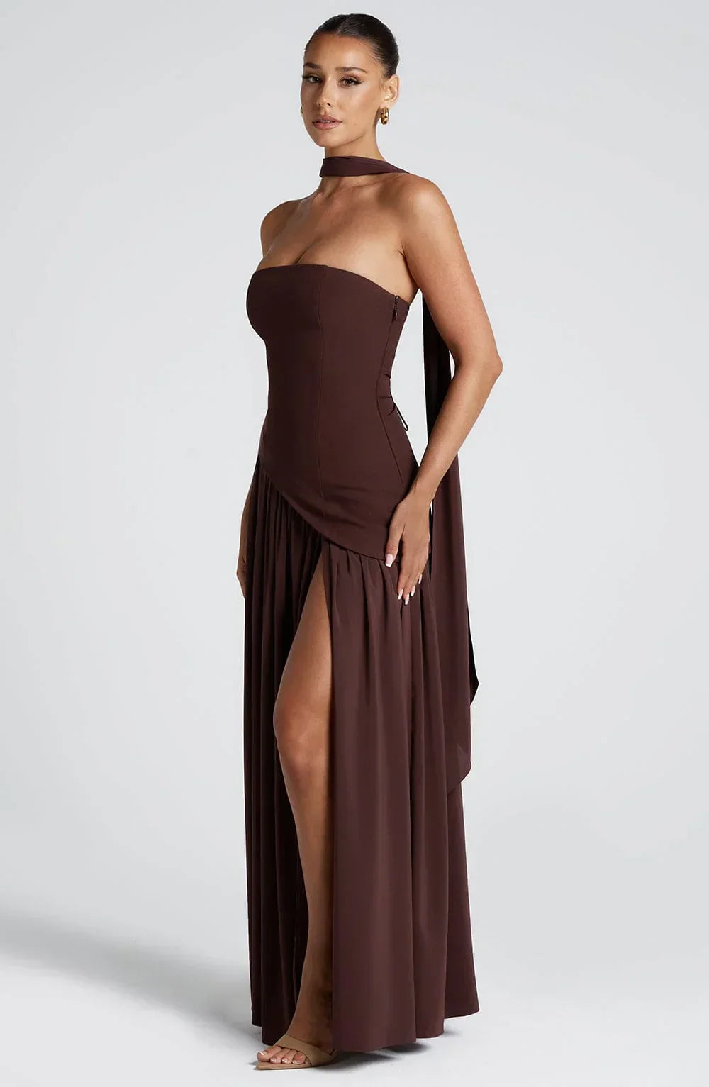 Fitted Corset Maxi Dress with Scarf Detail and Slit
