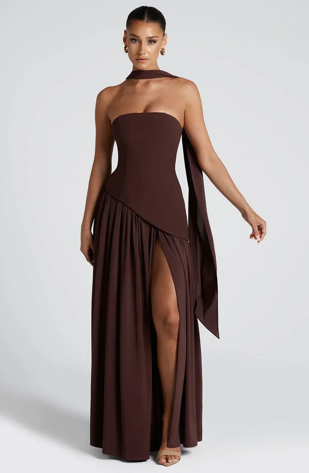 Fitted Corset Maxi Dress with Scarf Detail and Slit